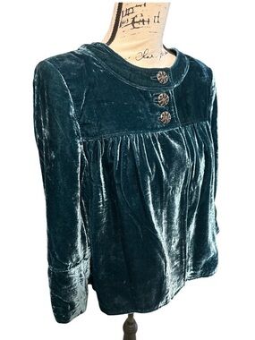 Vintage Velvet Teal Cropped Swing Blazer Jacket Decorative Button Cardigan 10 P
